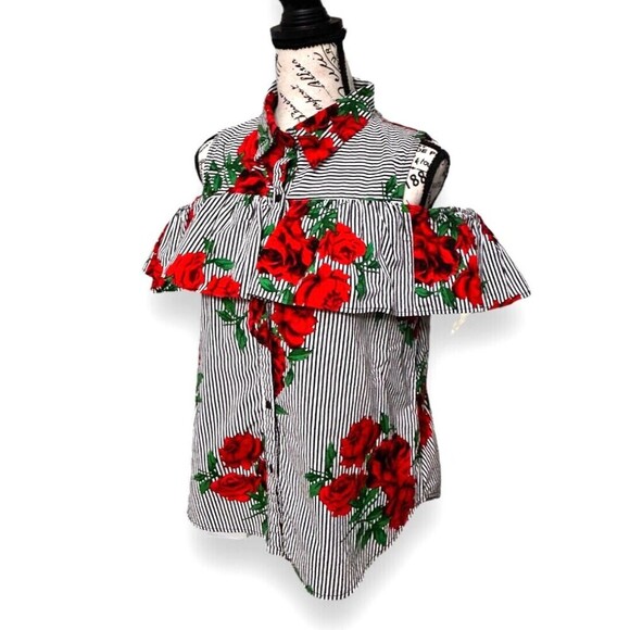 Hint of Blush XL Cold Shoulder Blouse Stripe Red Floral Ruffle Cotton Summer Top - Picture 3 of 9